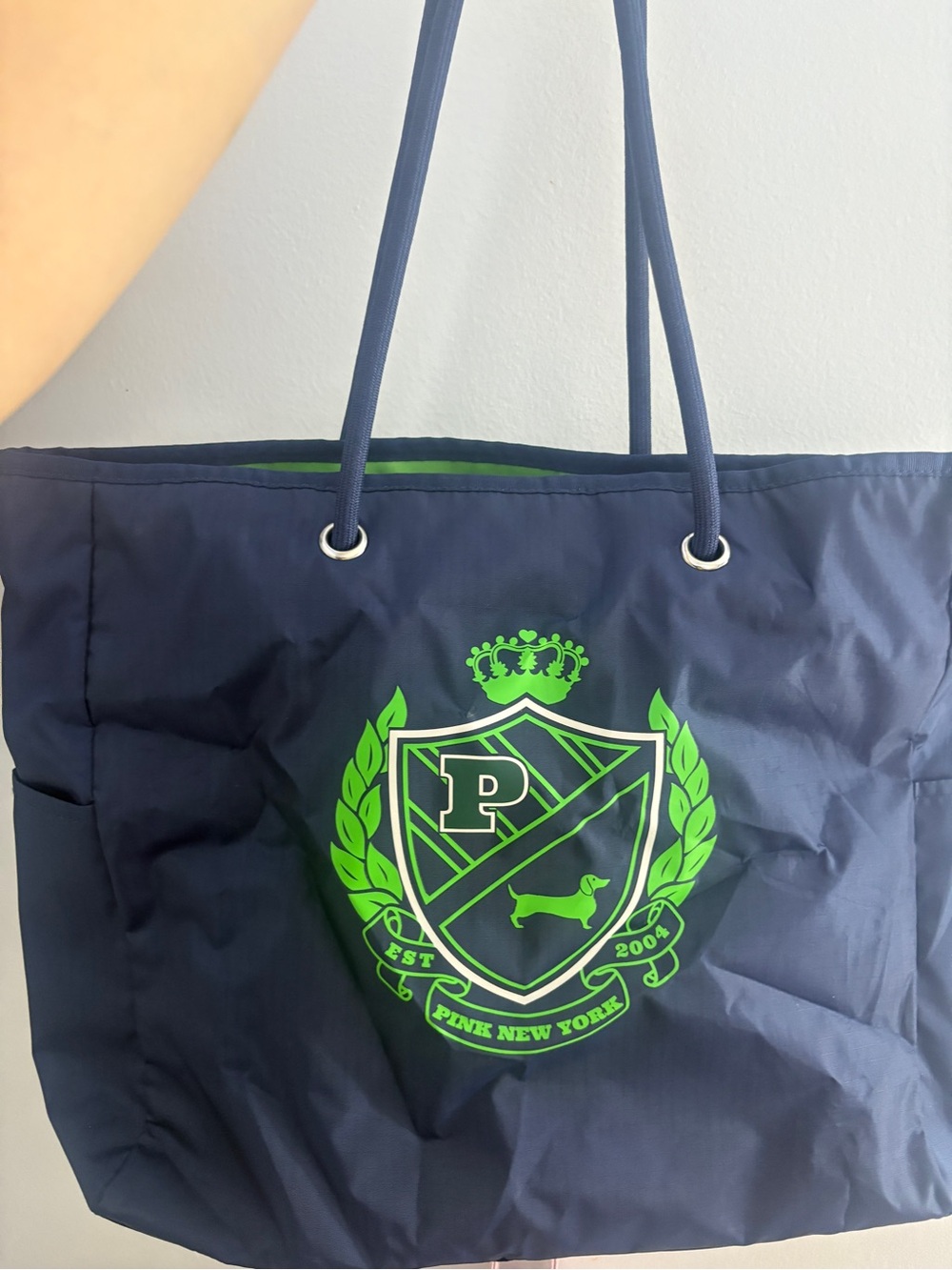PINK Victoria's Secret Navy Tote with Neon Green Crest
